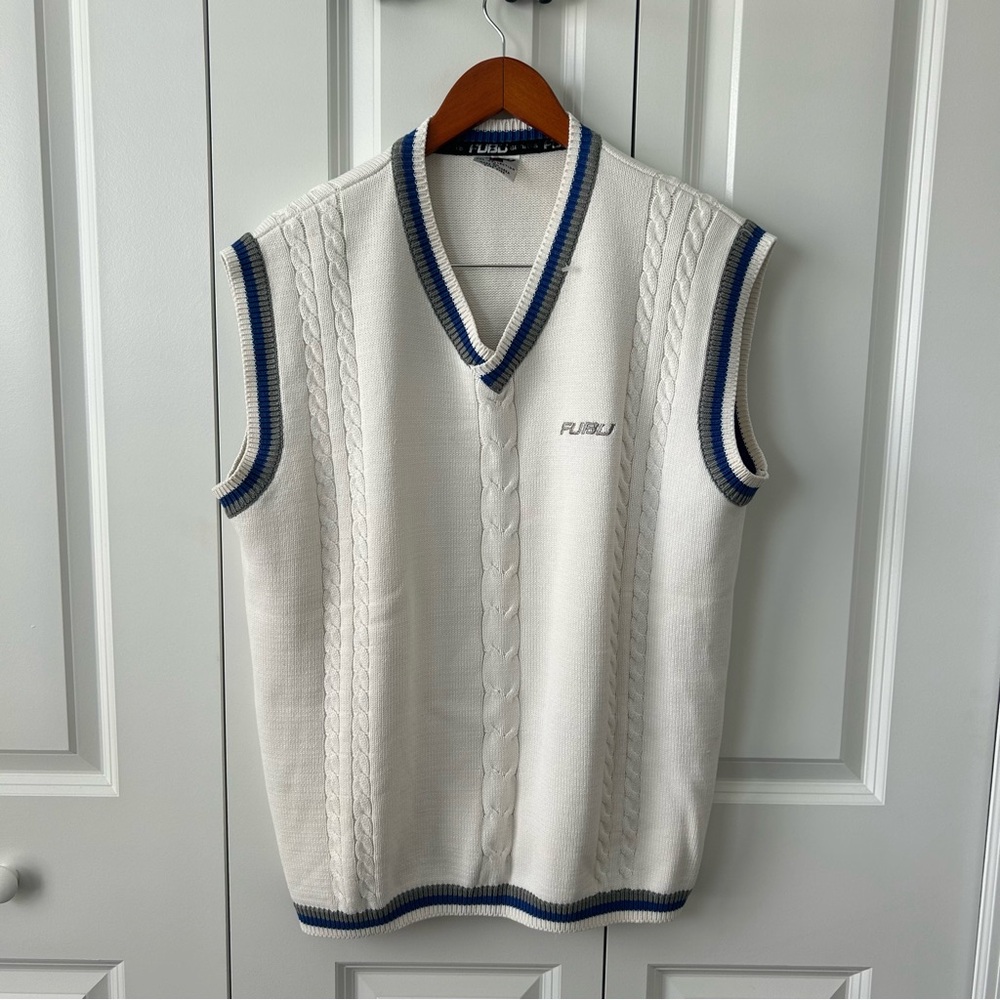 Vintage FUBU Sports Sweater Vest – White Cable Knit –‎ Size XL